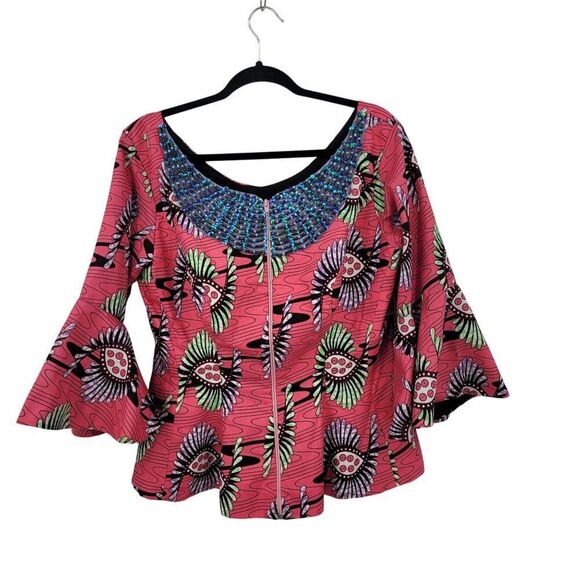 Handmade African Print Bell Sleeve Top Blazer Sz M Beaded Colorful Flattering - Picture 10 of 10